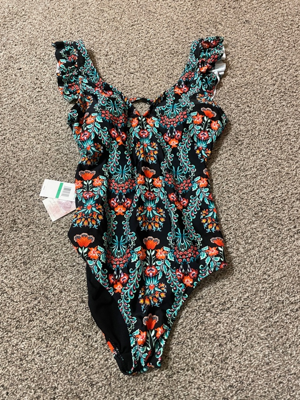Jessica Simpson Black Floral One-Piece Swimsuit with Teal & Orange Accents